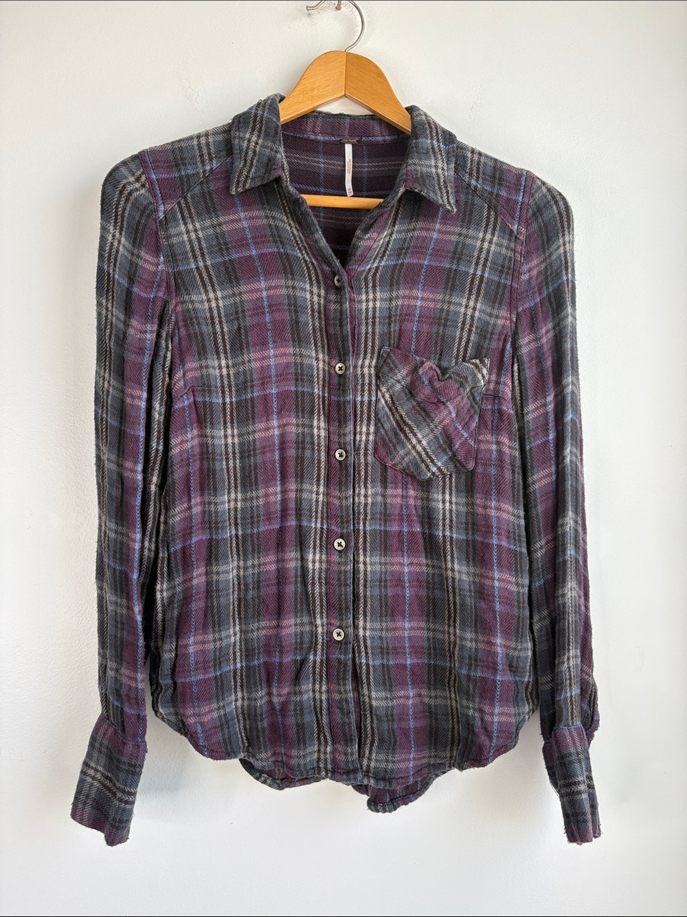 Free People Long-Sleeve Plaid Button-Up Shirt in Purple and Gray